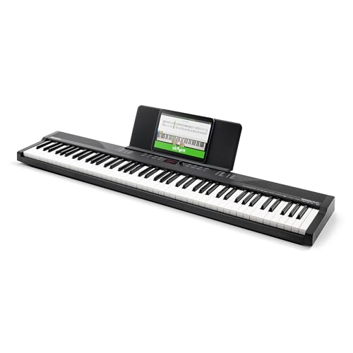Alesis Teclado piano con 88 teclas y 480 sonidos, altavoces, MIDI USB, atril, adaptador de corriente y lecciones de piano para principiantes
