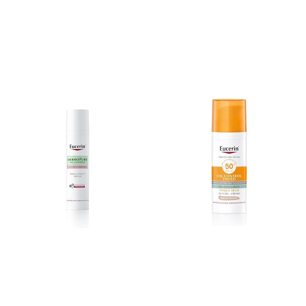 Serum facial ligero DermoPure Triple Effect (40 ml), Efecto Anti-Manchas, Anti-Imperfecciones y Anti-Brillo, para una piel sin imperfecciones por acné + Sun Oil Control Fps 50+ Tono Medio 50Ml