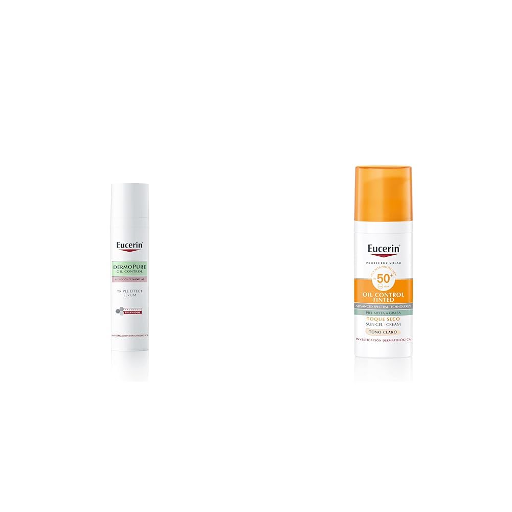 Serum facial ligero DermoPure Triple Effect (40 ml), Efecto Anti-Manchas, Anti-Imperfecciones y Anti-Brillo, para una piel sin imperfecciones por acné + sun oil control fps 50+ tono claro 50ml