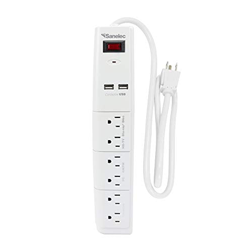 Barra Multicontacto Sanelec Blanco con Supresor de Picos y 2 USB para Protección de Sobrecargas