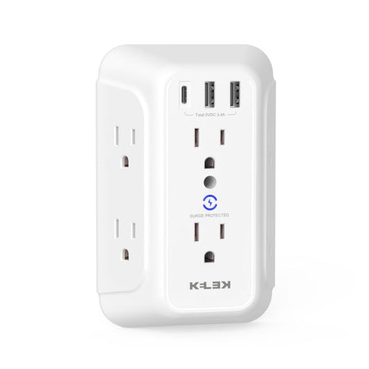 Multicontacto KELEK Blanco 6 Salidas con Puertos USB-A y USB-C y Supresor de Picos para Hogar, Oficina, Dormitorio