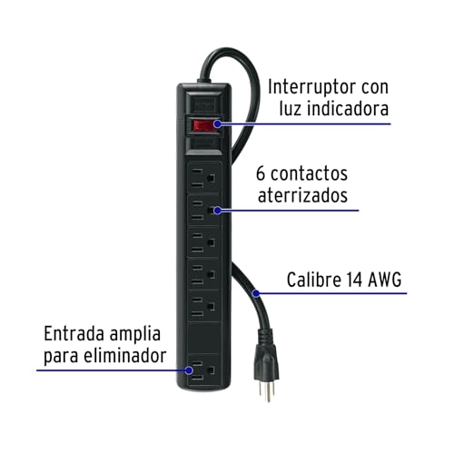 Multicontacto Volteck Negro 6 Entradas Supresor de Picos 450 Joules