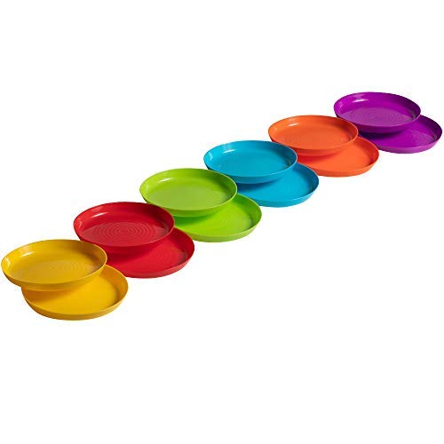 Klickpick Home - Platos para niños, 12 platos de plástico para niños, reutilizables, 6 colores brillantes, apto para lavaplatos, microondas, sin BPA, para niños y niños pequeños