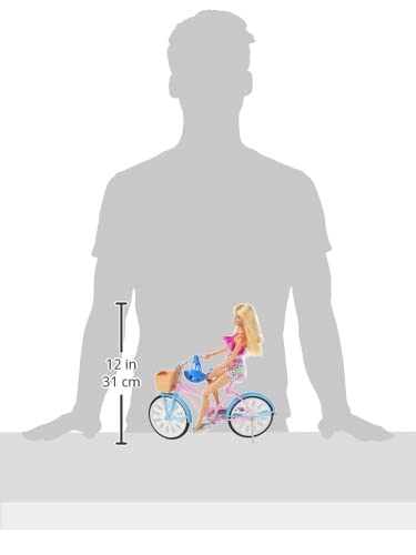 Barbie, Set de Juego, Bicicleta con Muñeca, para Niñas de 3 Años en Adelante, Mattel, Diseño Rosa y Azul, Canasta de Dulces, Caderas, Brazos y Rodillas se doblan