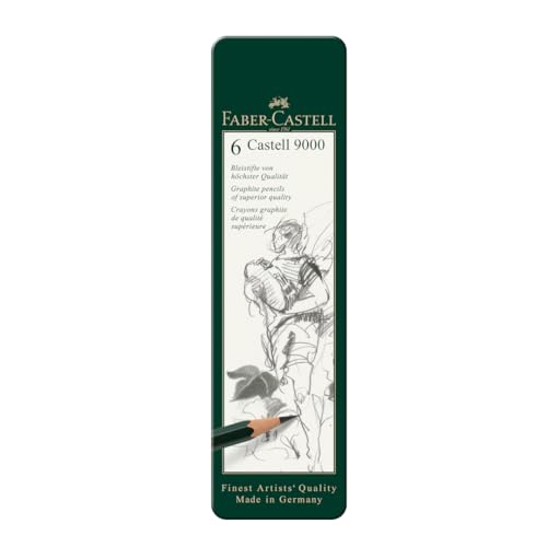Faber-Castell Lápices Graduados Castell 9000 con 6 Lápices de Diferentes Graduaciones (HB, B, 2B, 4B, 6B, 8B), abarcando desde HB (dureza media) hasta 8B (extremadamente suave y oscuro)