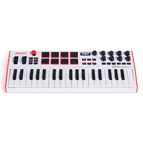 Akai Professional MPK Mini Plus - Teclado Controlador MIDI USB de 37 Mini Teclas con 8 Pads MPC, Secuenciador, MIDI/CV/Gate I/O, Software de Producción y Native Instruments Sound Package, Blanco