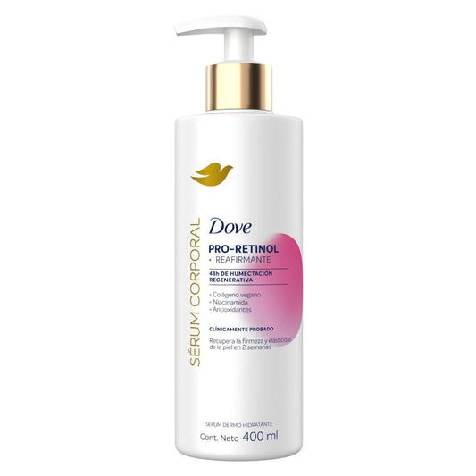 DOVE. Sérum Corporal en Crema Dermo Reafirmante con Pro-Retinol 400 ml + Sérum Corporal en Crema Tono Uniforme con Niacinamida que reduce las manchas oscuras y humecta profundamente 400 ml