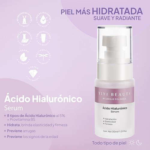 YIYI Beauty by Lesslie Polinesia Suero Facial Ácido Hialuronico compuesto de 8 formas de Ácido Hialurónico con diferentes propiedades de hidratación y retención de agua que penetran en las distintas capas de la piel. Fórmula enriquecida con Provitamina B5