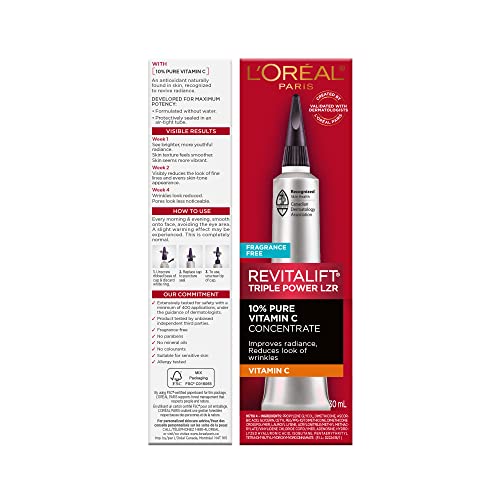 Suero de vitamina C de L'Oreal Paris, Revitalift Derm Intensives Pure Vitamin C para piel radiante y más brillante, tono de piel uniforme y arrugas visiblemente reducidas, sin parabenos, no comedógeno
