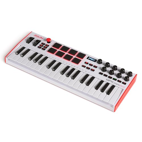 Akai Professional MPK Mini Plus - Teclado Controlador MIDI USB de 37 Mini Teclas con 8 Pads MPC, Secuenciador, MIDI/CV/Gate I/O, Software de Producción y Native Instruments Sound Package, Blanco