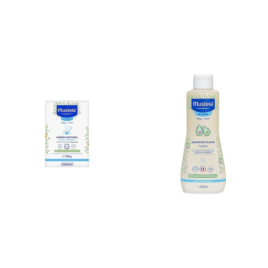 Mustela Jabón Natural, Piel Normal, Facial y Corporal, 100g + Shampoo Suave Para Piel Normal Libre De Jabón, color Multicolor, 500 ml, pack of/paquete de
