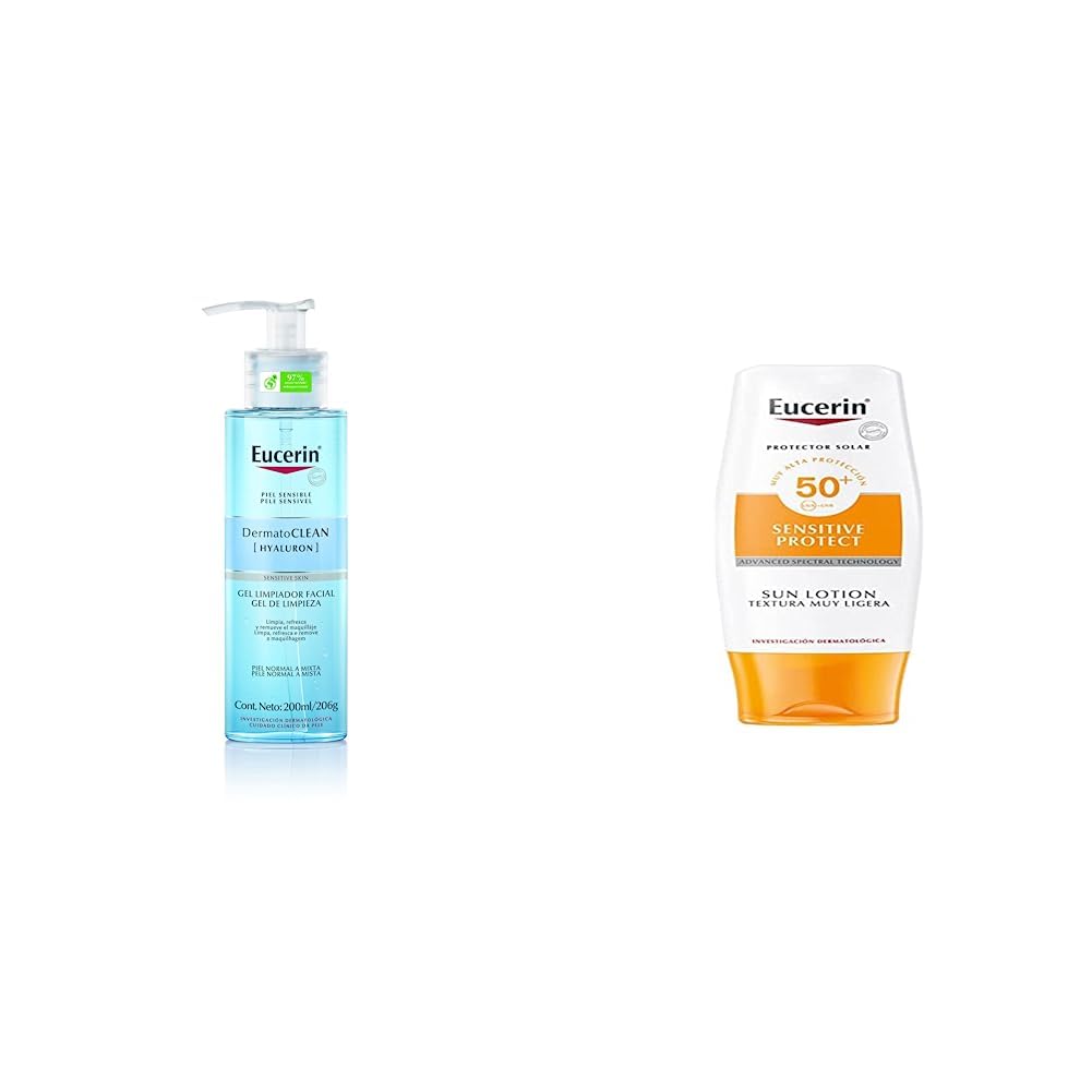 Eucerin Gel Limpiador Facial DermatoClean para piel normal a mixta, 200ml, empaque puede variar + Protector Solar Extra Ligero FPS50+ - 1 x 150 ml