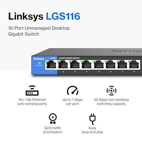 Linksys LGS116 Switch Gigabit Ethernet (10/100/1000) Negro - Switch de Red (Gigabit Ethernet (10/100/1000))