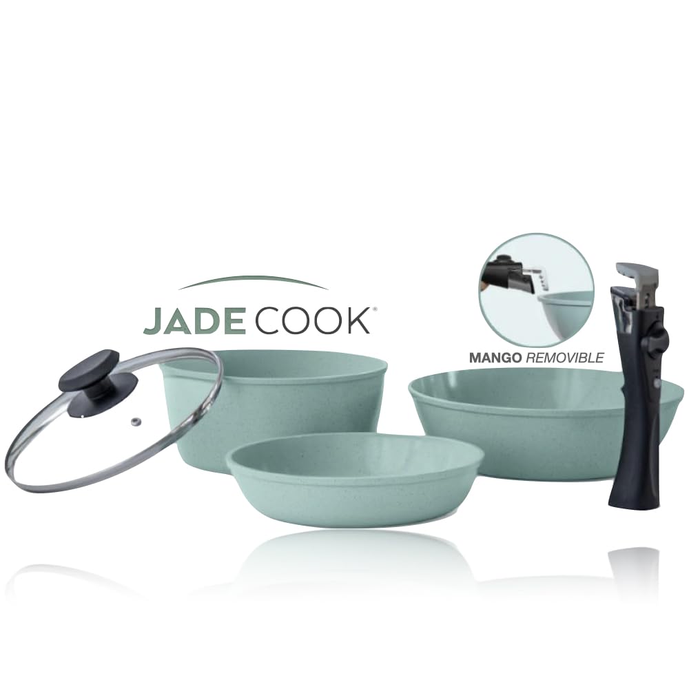 JADECOOK | Batería de cocina Jade Smart + Comal antiadherente con mango 32 cm | Batería de cocina antiadherente de 4 piezas con Mango intercambiable