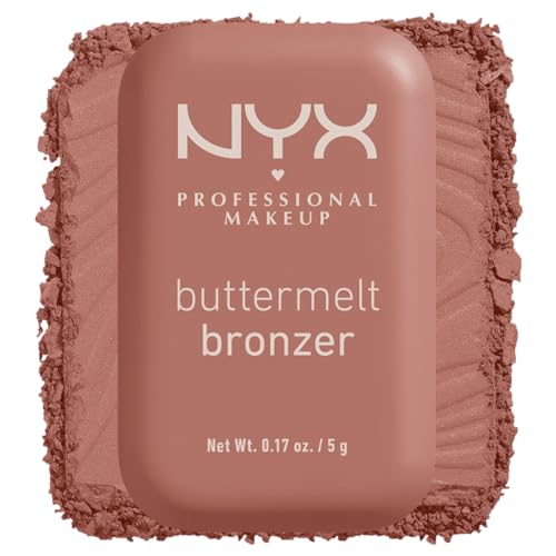 NYX Professional Makeup, Buttermelt Bronzer, Tono: All Butta D Up (café cacao). Bronceador cremoso en polvo infusionado con manteca de karité, mango y almendras, hasta 12hrs de uso, no se desvanece, resistente a transferencias. Fórmula vegana.