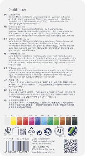 Faber-Castell Colores Goldfaber para Arte con 12 colores elaborados con excelente resistencia a la luz y a caídas, son ideales para artistas profesionales y aficionados que buscan proyectos creativos