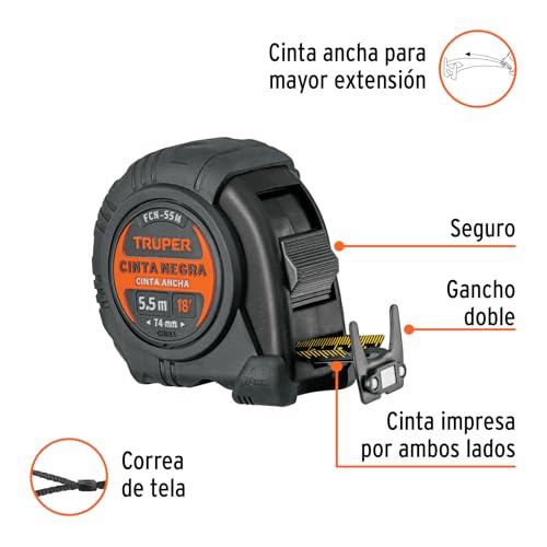 Flexómetro Truper Negro contra Impactos 5.5 m Cinta de 25 mm