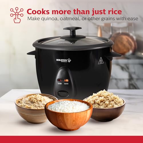 Holstein Housewares - Arrocera cocida de 16 tazas (8 tazas sin cocinar), color negro, operación con un solo toque con funciones de cocinar y mantener caliente, perfecta para arroz, quinua, avena