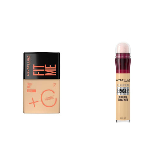 Base de maquillaje Fit Me Fresh Tint con Vitamina C, 02 Maybelline NY + Corrector de Maquillaje Instant Age Rewind, Neutralizer, 6 ml