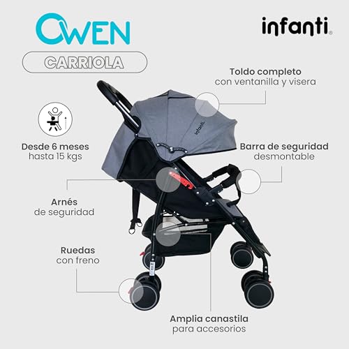 INFANTI | Carriola para Bebe OWEN | Carreola con Portabebé - Carriola de Viaje - Carrito para Bebe con Barra de Seguridad Desmontable | Cosas para Bebes 6 Meses hasta 15 kg