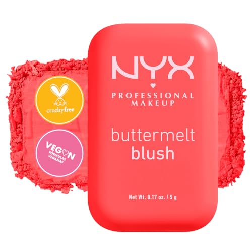 NYX Professional Makeup, Buttermelt Blush, Tono: Had Butta (salmón). Rubor cremoso en polvo infusionado con manteca de karité, mango y almendras, hasta 12hrs de uso, no se desvanece, resistente a transferencias. Fórmula vegana.