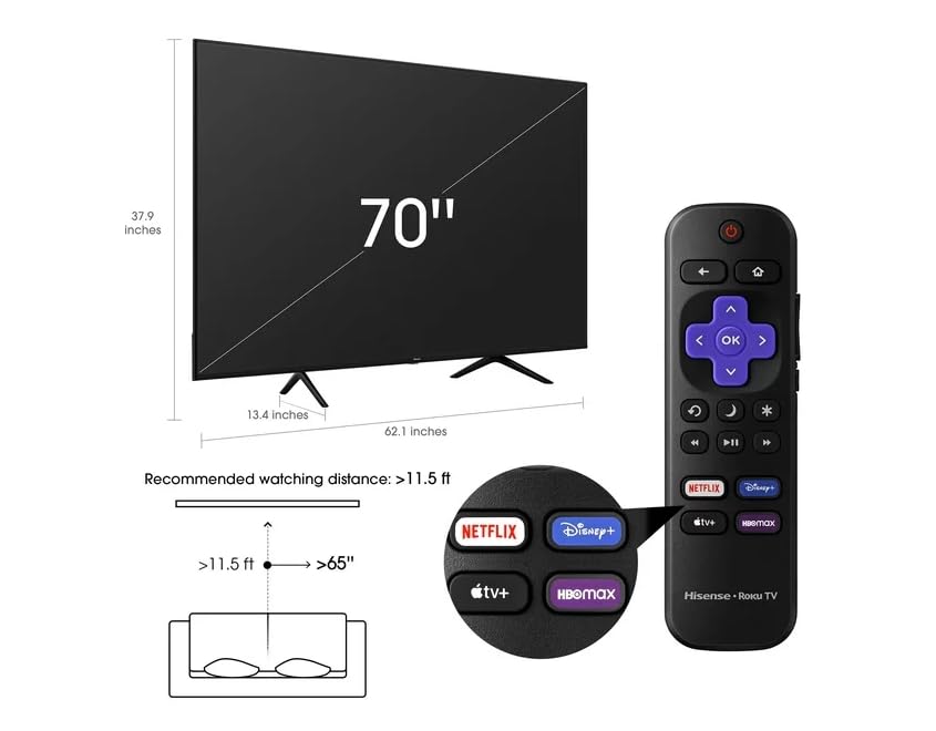 Hisense Smart TV de 70 Pulgadas Clase 4K UHD LED LCD R0ku Smart TV HDR R6 Serie Diseño sin Bisel Modo de Juego Funciona con el Asistente de Google y Alexa 70R6E4 (Reacondicionado)