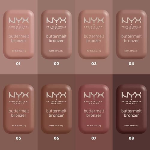 NYX Professional Makeup, Buttermelt Bronzer, Tono: Butta Off (café mocca). Bronceador cremoso en polvo infusionado con manteca de karité, mango y almendras, hasta 12hrs de uso, no se desvanece, resistente a transferencias. Fórmula vegana.
