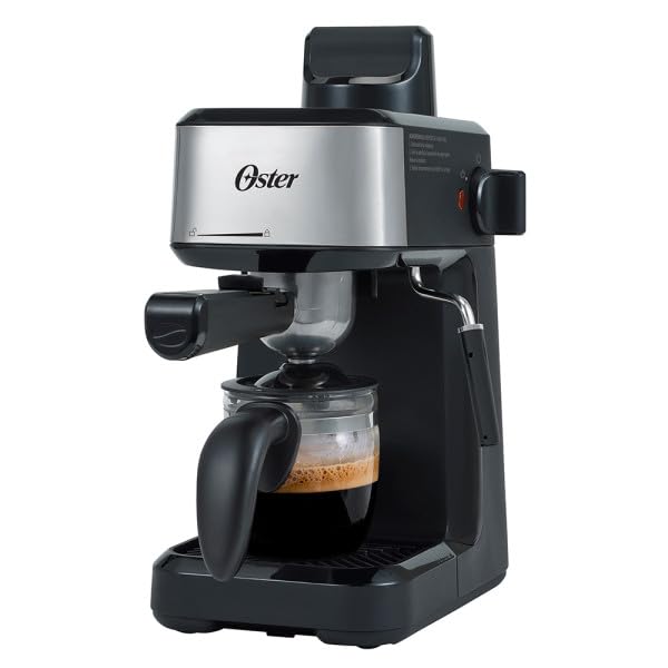 Oster® Cafetera de Vapor para Espresso y Cappuccino, Capacidad de 4 Espressos por Ciclo, Jarra de Vidrio, Potente Tubo de Vapor para Espumar la Leche, Negro