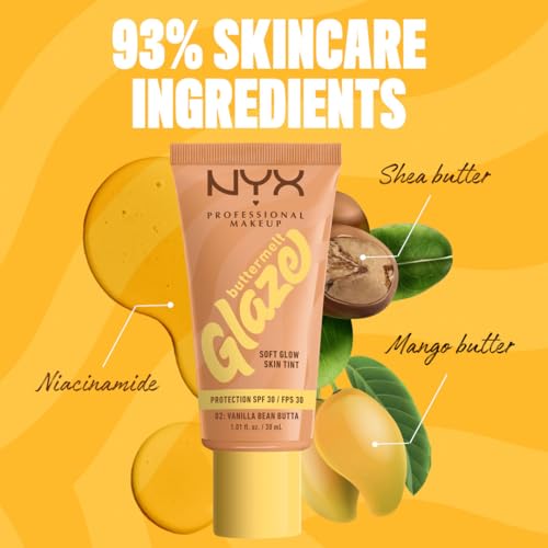Tinta de Maquillaje Glaze Tint con SPF 30 de Nyx Professional Makeup, Tono Vainilla Bean Butta (Beige Claro)
