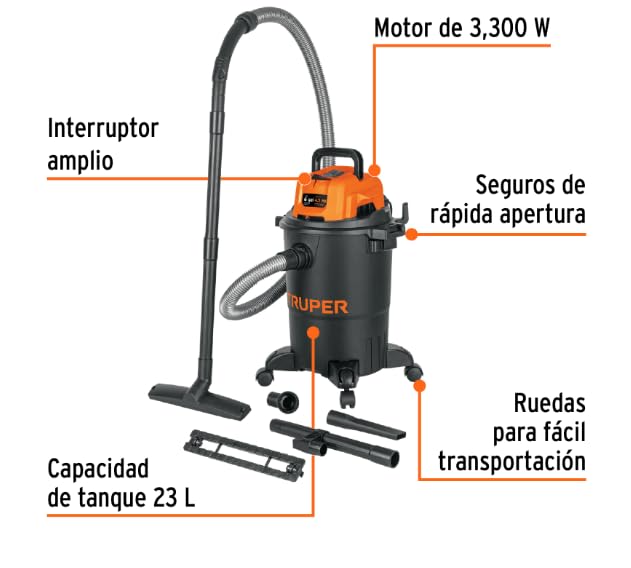 TRUPER Aspiradora de sólidos y líquidos, 6 GAL, plástica, Negra