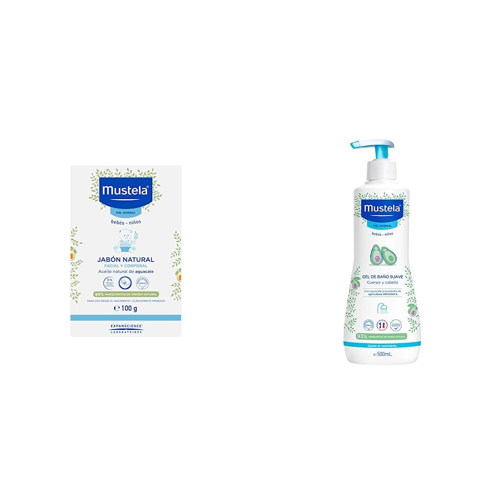 Mustela Jabón Natural Piel Normal, Facial Y Corporal En Barra, 100G +, Gel de Baño Suave para cara, cuerpo y cabello de Bebés y niños, Limpia y protege, 90% ingredientes de origen natural, 500 ml