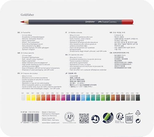 Faber-Castell Colores Goldfaber para Arte con 24 colores elaborados con excelente resistencia a la luz y a caídas, son ideales para artistas profesionales y aficionados que buscan proyectos creativos