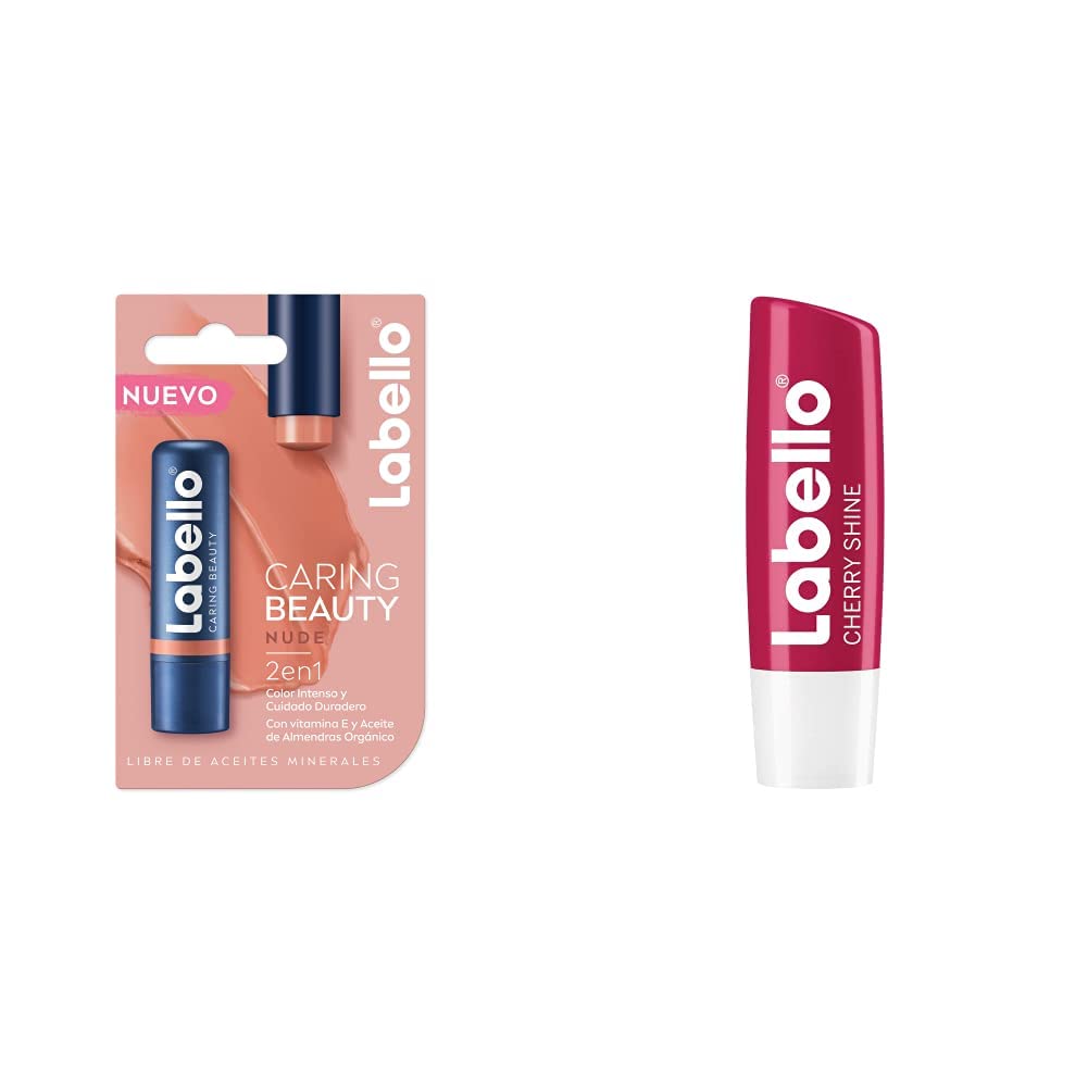 Labello Bálsamo Labial Caring Beauty Nude (4.8 g), Color Intenso y Cuidado Duradero con Vitamina E y Aceite de Almendras Orgánico + Cereza 4.5g, color Cereza, 4.8 gram, pack of/paquete de