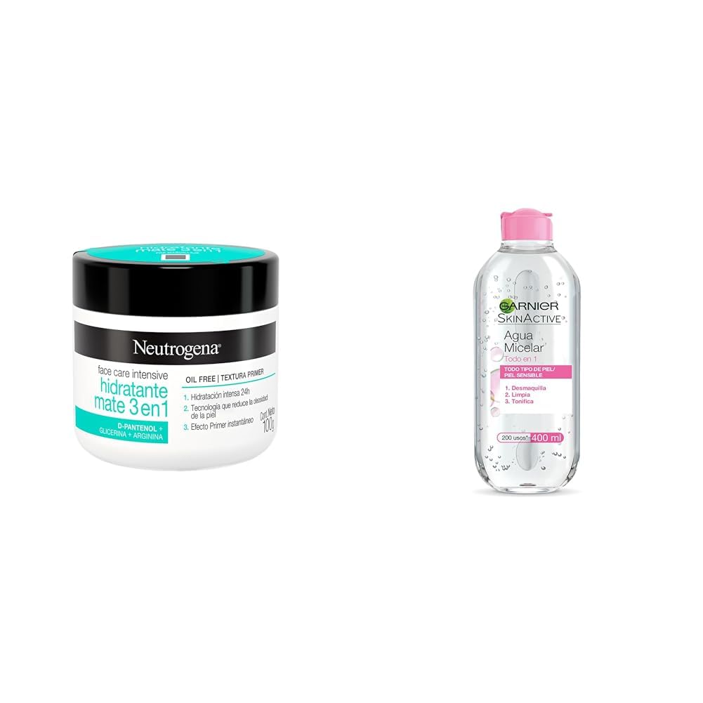Neutrogena Crema Hidratante Facial Mate 3 en 1 Face Care Intensive D Pantenol 100g + Garnier Skin Naturals Face Agua Micelar Desmaquillante para Todo Tipo de Piel, 400 ml, 1 unidad