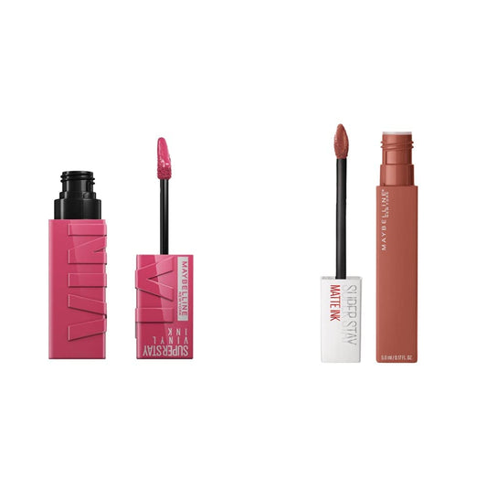 Labial líquido brillante Maybelline Super Stay Vinyl Ink Coy + Labial líquido indeleble Matte Ink, tono70 amazonian