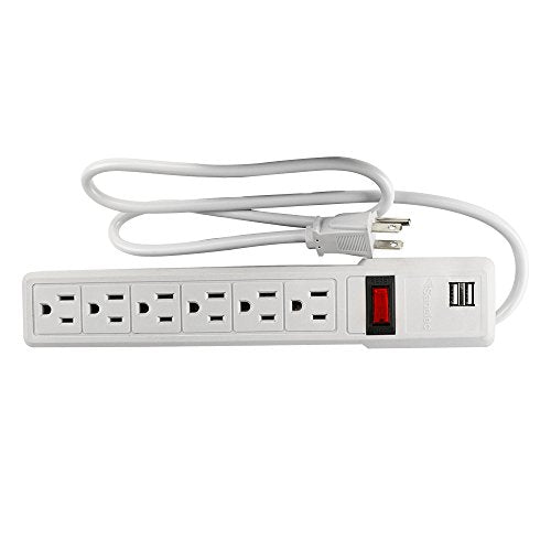 Barra Multicontacto Sanelec Blanco con Supresor de Picos, 6 Entradas y 2 Entradas USB