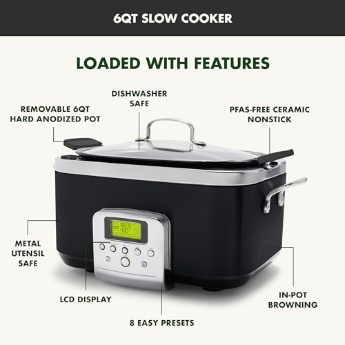GreenPan Elite 8 en 1 - Olla de cocción lenta eléctrica programable de 6 cuartos de galón, tapa apta para lavaplatos y rejilla extraíble, sin PFAS de cerámica saludable, antiadherente, Sear, saltar