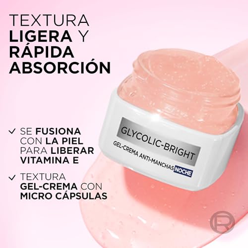 L'Oréal Paris Gel Crema de Noche Anti-manchas Glycolic Bright con Ácido Glicólico y Niacinamida Vitamina E todo tipo de manchas, 50ml