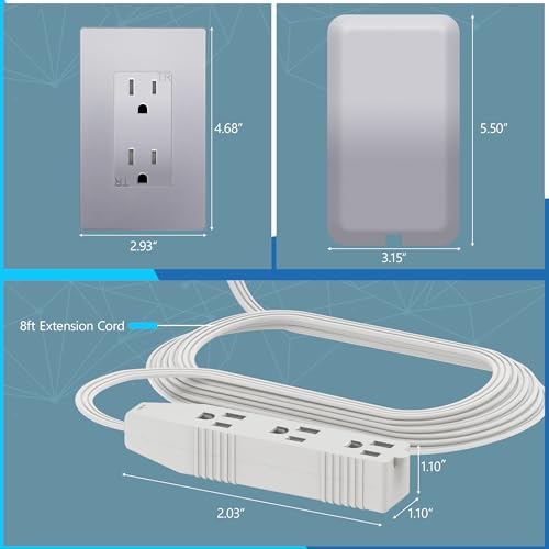 LIDER Extensor de salida de cara plana con 3 receptáculos, enchufe ultrafino de placa de pared con extensor de cable y tira de alimentación de 3 tomas, cable de 2.44 metros, LWE8-315-SV, listado ETL