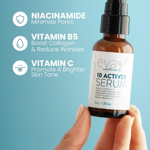 Eva Naturals 10 Actives Skin Serum (1oz) - Fine Line, Dark Spot Remover for Face - Achieve a Brighter, Lighter Complexion - With Niacinamide, Hyaluronic Acid, Vitamin C and Vitamin E - Premium Quality