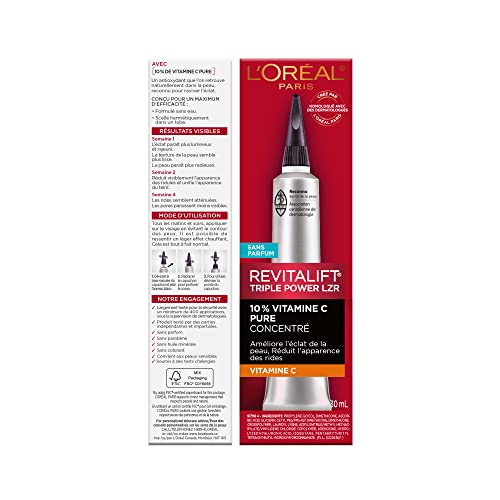 Suero de vitamina C de L'Oreal Paris, Revitalift Derm Intensives Pure Vitamin C para piel radiante y más brillante, tono de piel uniforme y arrugas visiblemente reducidas, sin parabenos, no comedógeno