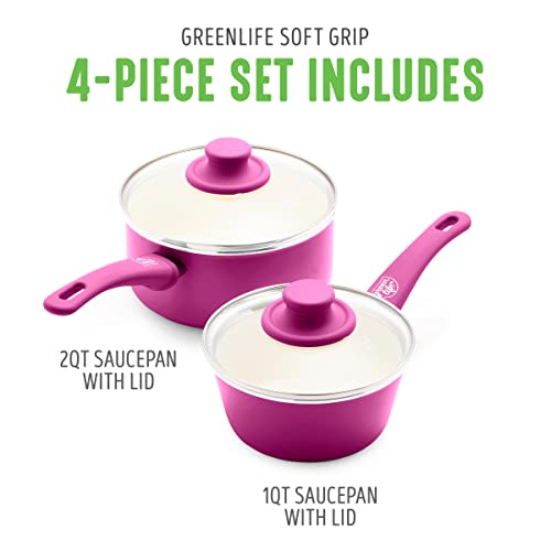 GreenLife - Juego de cacerolas antiadherentes de cerámica Soft Grip Healthy con tapas, 1 y 2 cuartos de galón, rosa brillante