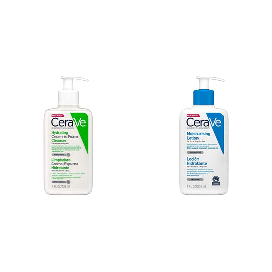 CeraVe Limpiadora Crema-Espuma Hidratante Facial Diaria para Piel Normal a Seca 236ml + Loción Hidratante |237ml| Loción hidratante para rostro y cuerpo para piel seca con ácido hialurónico