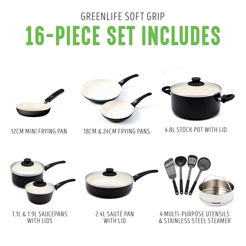 GreenLife Soft Grip - Juego de 16 ollas de cocina antiadherentes de cerámica suave, sin PFAS con utensilios de cocina y tapa, apto para lavaplatos, negro y crema