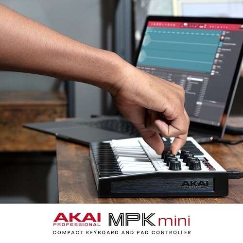 Akai Professional MPK Mini MK3 - Teclado Controlador MIDI USB de 25 Teclas con 8 Drum Pads, 8 Perillas, Software de Producción Musical y Native Instruments Sound Package (NKS Integration), Blanco