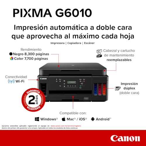 Canon Impresora Multifuncional Wi-Fi G6010 de Tanque de tintas, Alto Rendimiento y Bandeja de Entrada para 350 Hojas