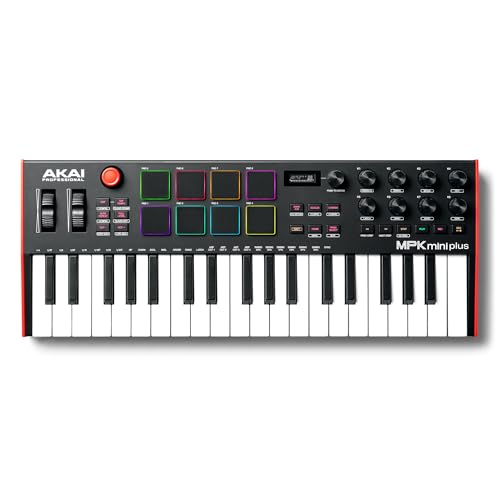 Akai Professional MPK Mini Plus - Teclado Controlador MIDI USB de 37 Mini Teclas con 8 Pads MPC, Secuenciador, MIDI/CV/Gate I/O, Software de Producción y Native Instruments Sound Package