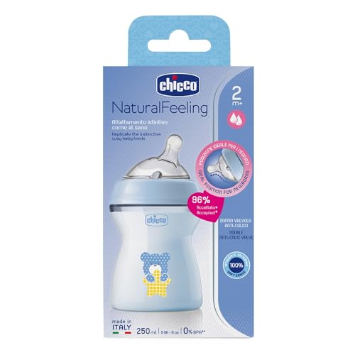 Chicco biberón Natural Feeling 250 ml azul para bebés, 1 Unidad
