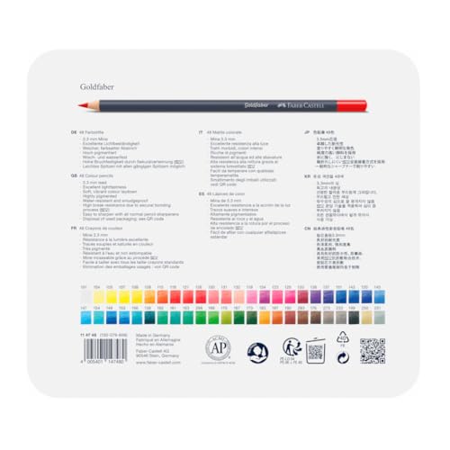 Faber-Castell Colores Goldfaber para Arte con 48 colores elaborados con excelente resistencia a la luz y a caídas, son ideales para artistas profesionales y aficionados que buscan proyectos creativos