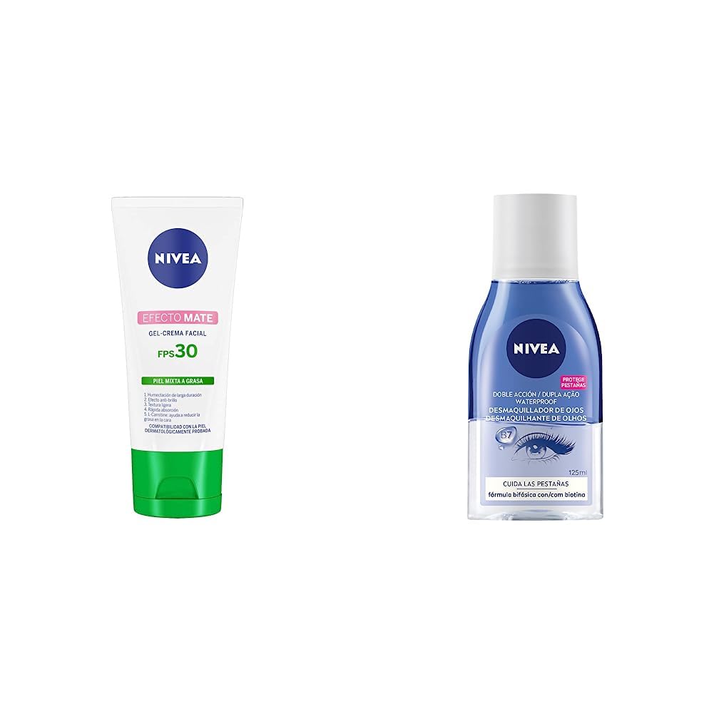 Nivea Crema Hidratante Facial Fps 30 Efecto Mate, 50ml + Desmaquillante facial Bifásico de Ojos (125 ml), Elimina la mascara y y maquillaje a prueba de agua, Enriquecido